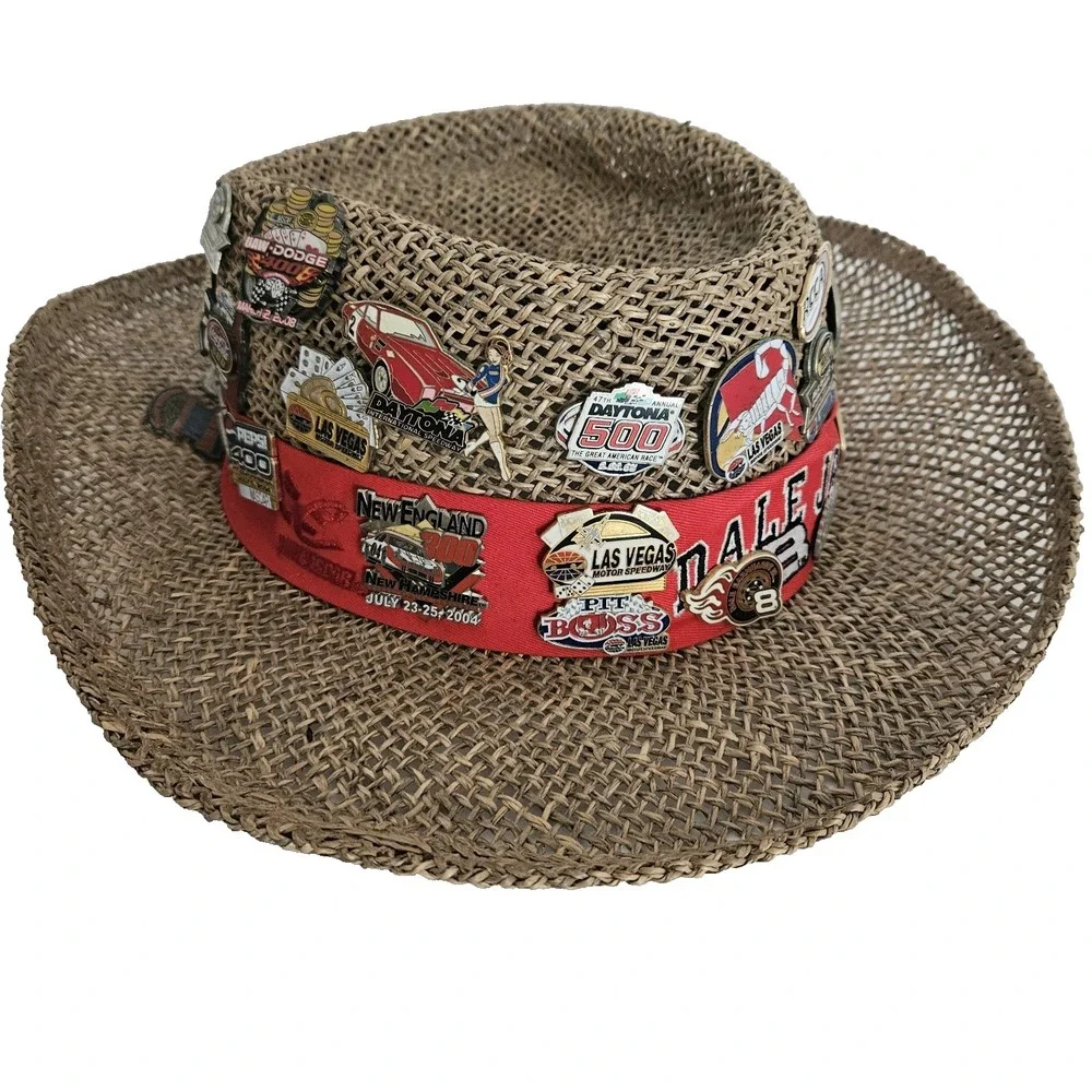 Dale Earnhardt Straw Hat With 40 Racing Pins NASCAR Automobile Some Vintage